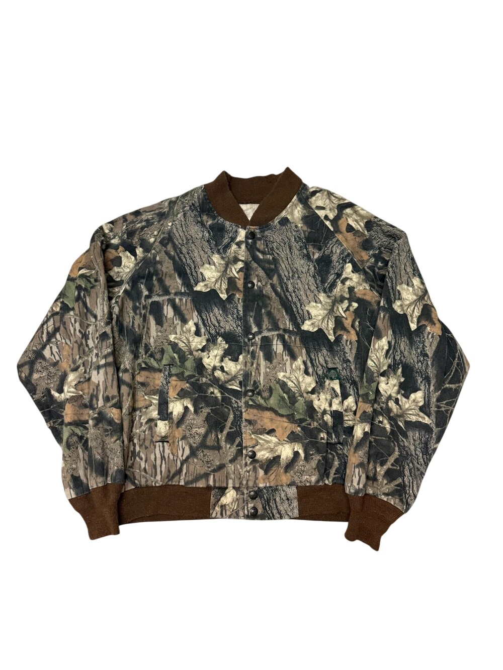 Vintage Mossy Oak Jacket Mens XL Brown Camo Canvas Bomber Snap Front Hunting